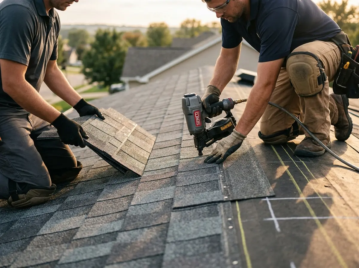 Professional roofer working on a residential roof in Upper Merion